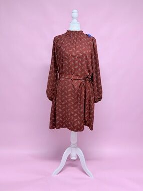 Ann Taylor High-Neck Long Sleeve Brown Printed Tie-Waist Dress